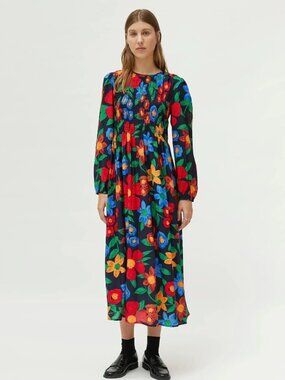 COMPANIA FANTASTICA Black Floral Viscose Blend Long Sleeve Maxi Dress, Size S